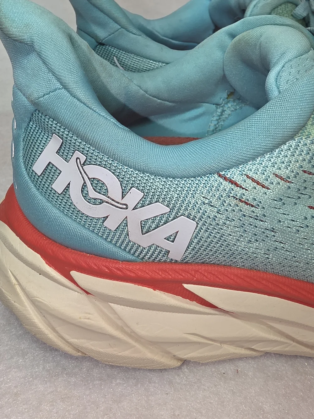 Hoka Clifton Teal Blue Running Shoes with Coral Accent size 7D